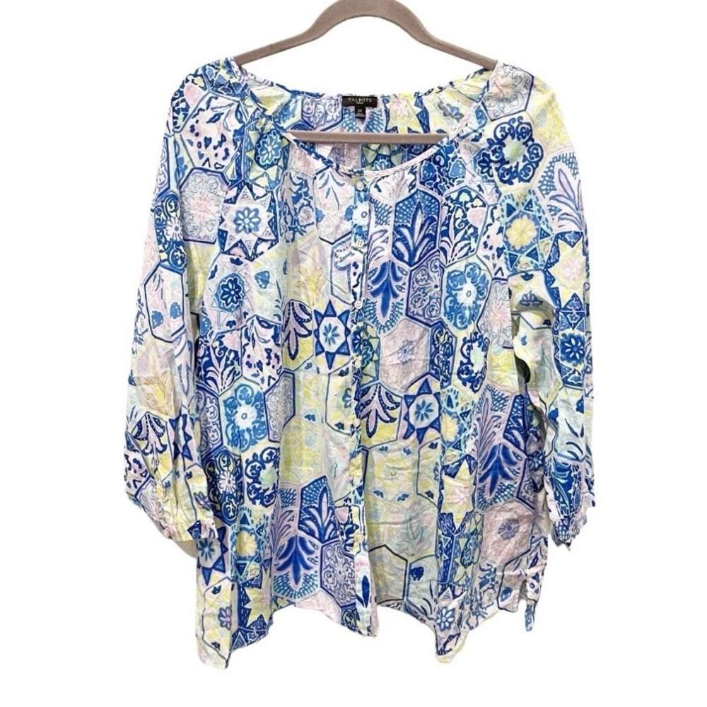 Talbots Geometric tile Print 100% Cotton Blouse Size 2X Resortwear Coastal